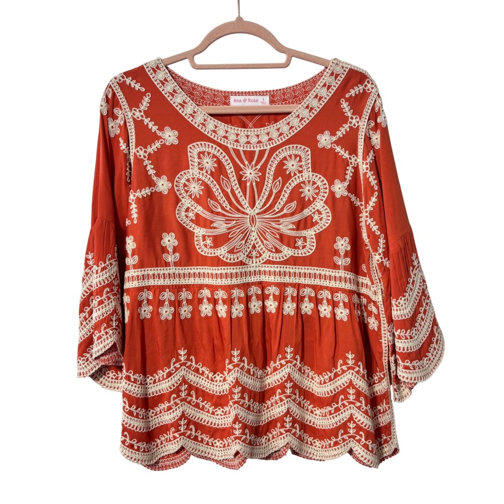 Ana & Rose Burnt Orange Embroidered Boho Peplum Bell‎ Sleeve Blouse Small